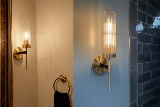 Modern Brass Wall Sconce with Ribbed Glass | Elegant Bathroom & Hallway Lighting - Franing