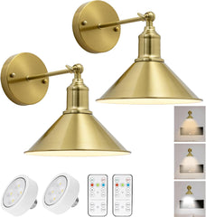 2-pack Vintage Gold Battery Operated Wall Light Set of 2, Vintage Wireless Dimmable Wall Light with Remote Control