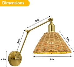 Wireless Battery Wall Sconce, Gold Rattan Bohemian Dimmable Light with Remote Control, Indoor Wall Lamp for Bedroom & Living Room (2 Pack)