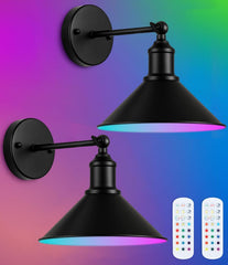 2-Pack Vintage Black Battery Wall Lights – Wireless, Dimmable, with Remote