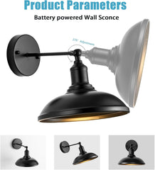 9.5" Black Battery Operated Wall Sconces with Remote, Wireless LED Adjustable Wall Lights, Set of 2 for Bedroom,