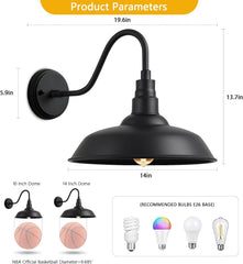 Outdoor Barn Gooseneck Light, Black Farmhouse Industrial Wall Mount Fixture for Porch, Garage, Patio,2-Pack