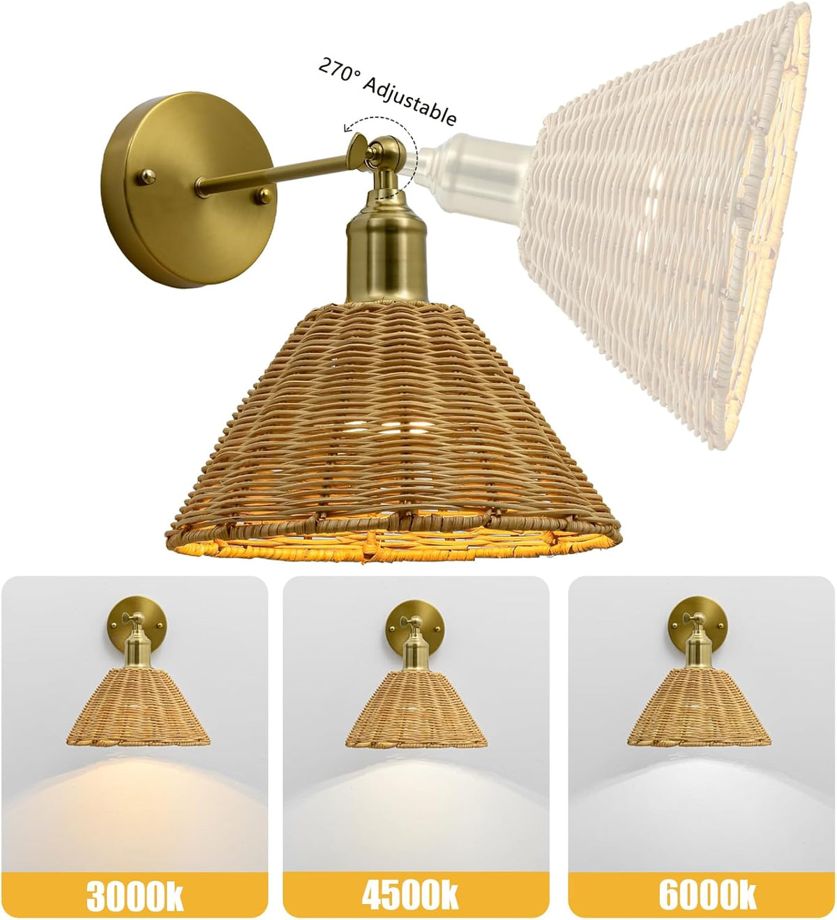 Wireless Battery Wall Sconce, Gold Rattan Bohemian Dimmable Light with Remote Control, Indoor Wall Lamp for Bedroom & Living Room (2 Pack)