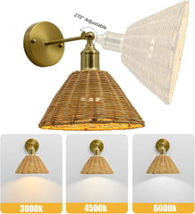 Wireless Battery Wall Sconce, Gold Rattan Bohemian Dimmable Light with Remote Control, Indoor Wall Lamp for Bedroom & Living Room (2 Pack)