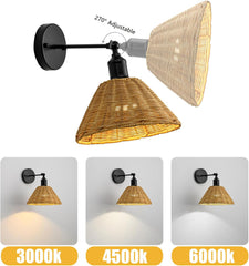Wireless Battery Wall Sconce, Gold Rattan Bohemian Dimmable Light with Remote Control, Indoor Wall Lamp for Bedroom & Living Room (2 Pack)