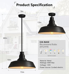 Black Farmhouse Pendant Light – Industrial Dome Ceiling Fixture, 15" & 18"