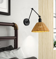 Wireless Battery Wall Sconce, Gold Rattan Bohemian Dimmable Light with Remote Control, Indoor Wall Lamp for Bedroom & Living Room (2 Pack)