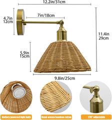 Wireless Battery Wall Sconce, Gold Rattan Bohemian Dimmable Light with Remote Control, Indoor Wall Lamp for Bedroom & Living Room (2 Pack)