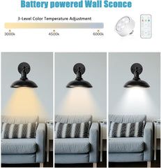 9.5" Black Battery Operated Wall Sconces with Remote, Wireless LED Adjustable Wall Lights, Set of 2 for Bedroom,