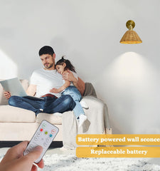 Wireless Battery Wall Sconce, Gold Rattan Bohemian Dimmable Light with Remote Control, Indoor Wall Lamp for Bedroom & Living Room (2 Pack)