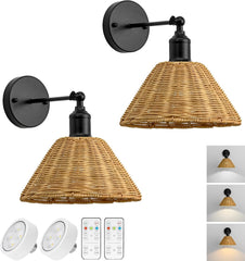 Wireless Battery Wall Sconce, Gold Rattan Bohemian Dimmable Light with Remote Control, Indoor Wall Lamp for Bedroom & Living Room (2 Pack)