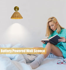 Wireless Battery Wall Sconce, Gold Rattan Bohemian Dimmable Light with Remote Control, Indoor Wall Lamp for Bedroom & Living Room (2 Pack)