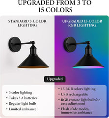 2-Pack Vintage Black Battery Wall Lights – Wireless, Dimmable, with Remote