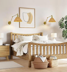 Wireless Battery Wall Sconce, Gold Rattan Bohemian Dimmable Light with Remote Control, Indoor Wall Lamp for Bedroom & Living Room (2 Pack)