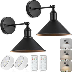 2-pack Vintage Black Battery Operated Wall Light Set of 2, Vintage Wireless Dimmable Wall Light with Remote Control