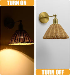 Wireless Battery Wall Sconce, Gold Rattan Bohemian Dimmable Light with Remote Control, Indoor Wall Lamp for Bedroom & Living Room (2 Pack)