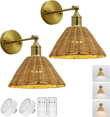 Wireless Battery Wall Sconce, Gold Rattan Bohemian Dimmable Light with Remote Control, Indoor Wall Lamp for Bedroom & Living Room (2 Pack)