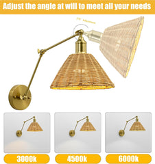 Wireless Battery Wall Sconce, Gold Rattan Bohemian Dimmable Light with Remote Control, Indoor Wall Lamp for Bedroom & Living Room (2 Pack)