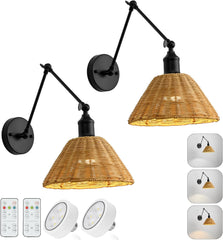 Wireless Battery Wall Sconce, Gold Rattan Bohemian Dimmable Light with Remote Control, Indoor Wall Lamp for Bedroom & Living Room (2 Pack)