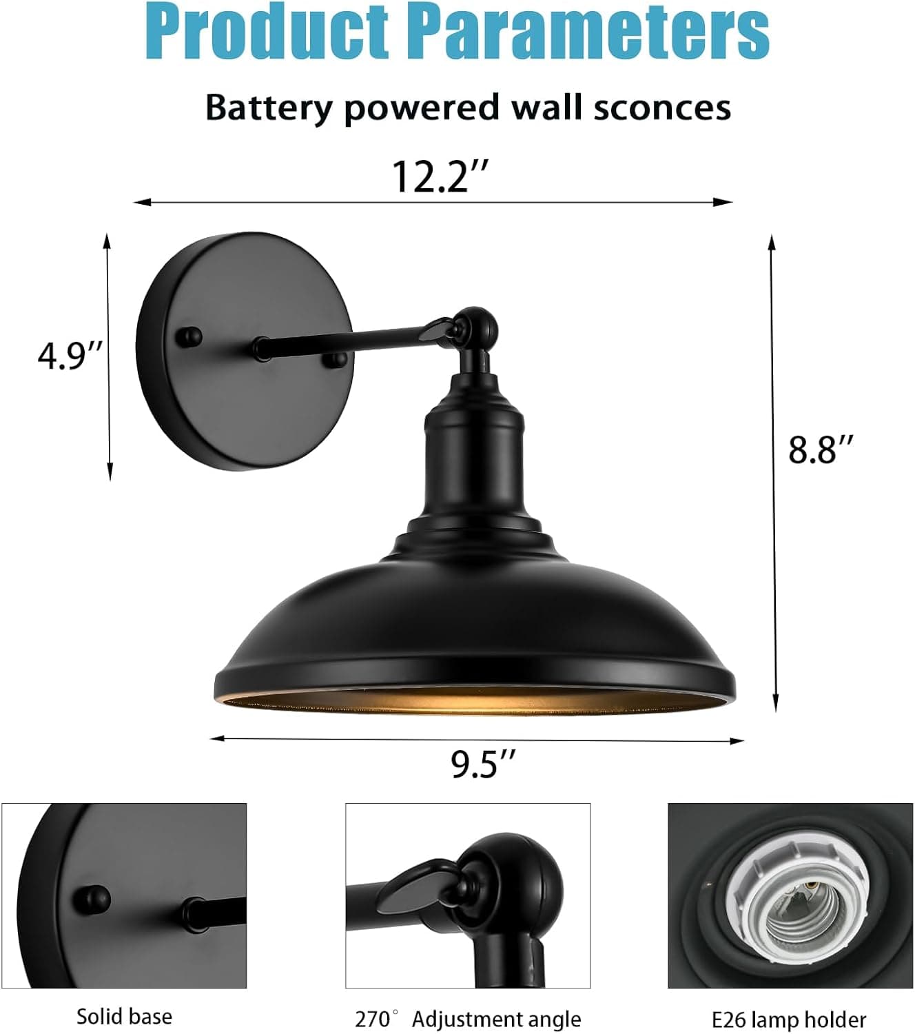 9.5" Black Battery Operated Wall Sconces with Remote, Wireless LED Adjustable Wall Lights, Set of 2 for Bedroom, by Franing - SHOP ALL,WALL，Metal wall light,Battery