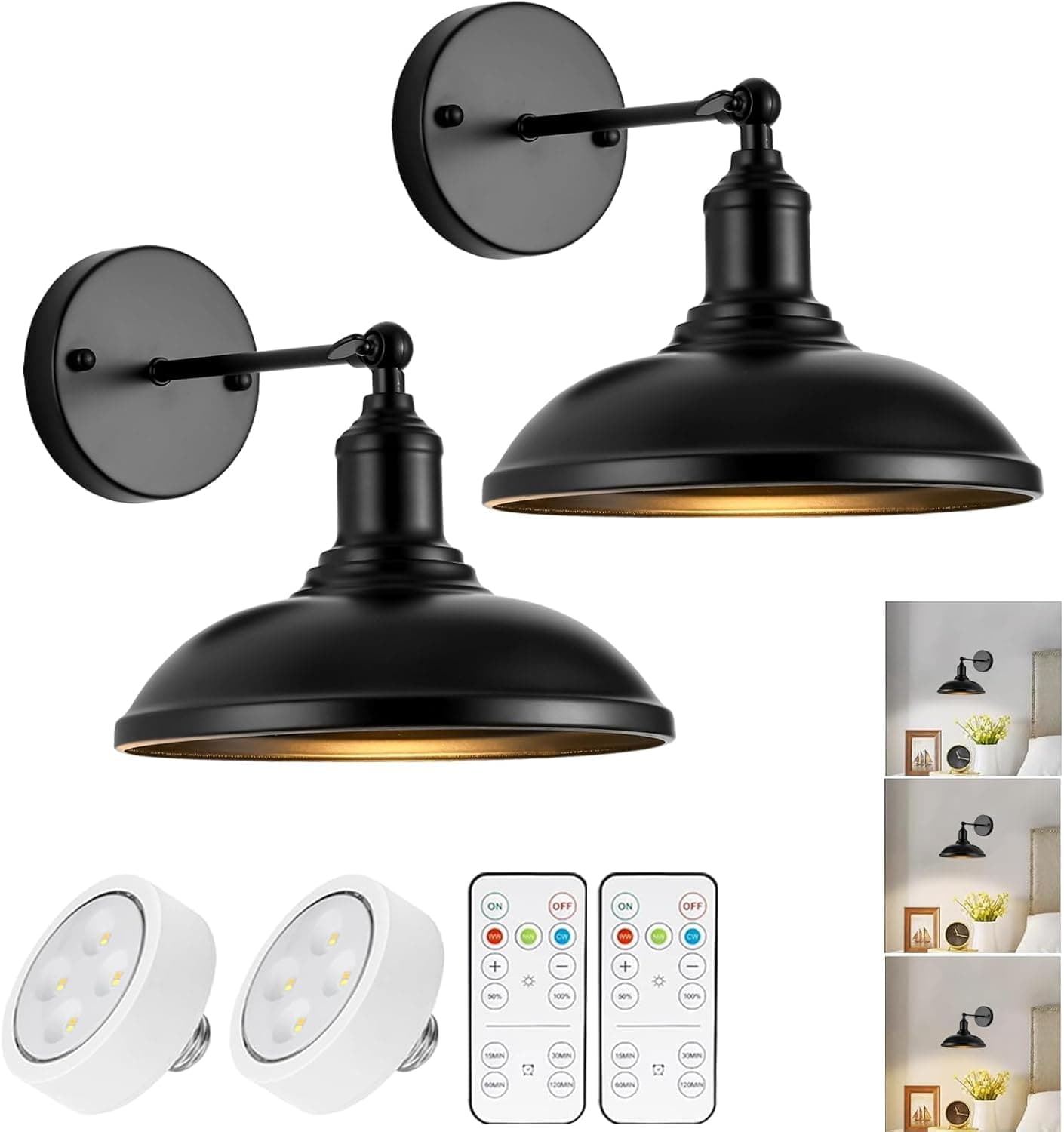 9.5" Black Battery Operated Wall Sconces with Remote, Wireless LED Adjustable Wall Lights, Set of 2 for Bedroom, by Franing - SHOP ALL,WALL，Metal wall light,Battery