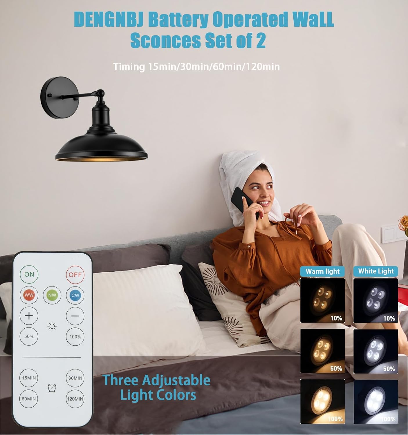 9.5" Black Battery Operated Wall Sconces with Remote, Wireless LED Adjustable Wall Lights, Set of 2 for Bedroom, by Franing - SHOP ALL,WALL，Metal wall light,Battery