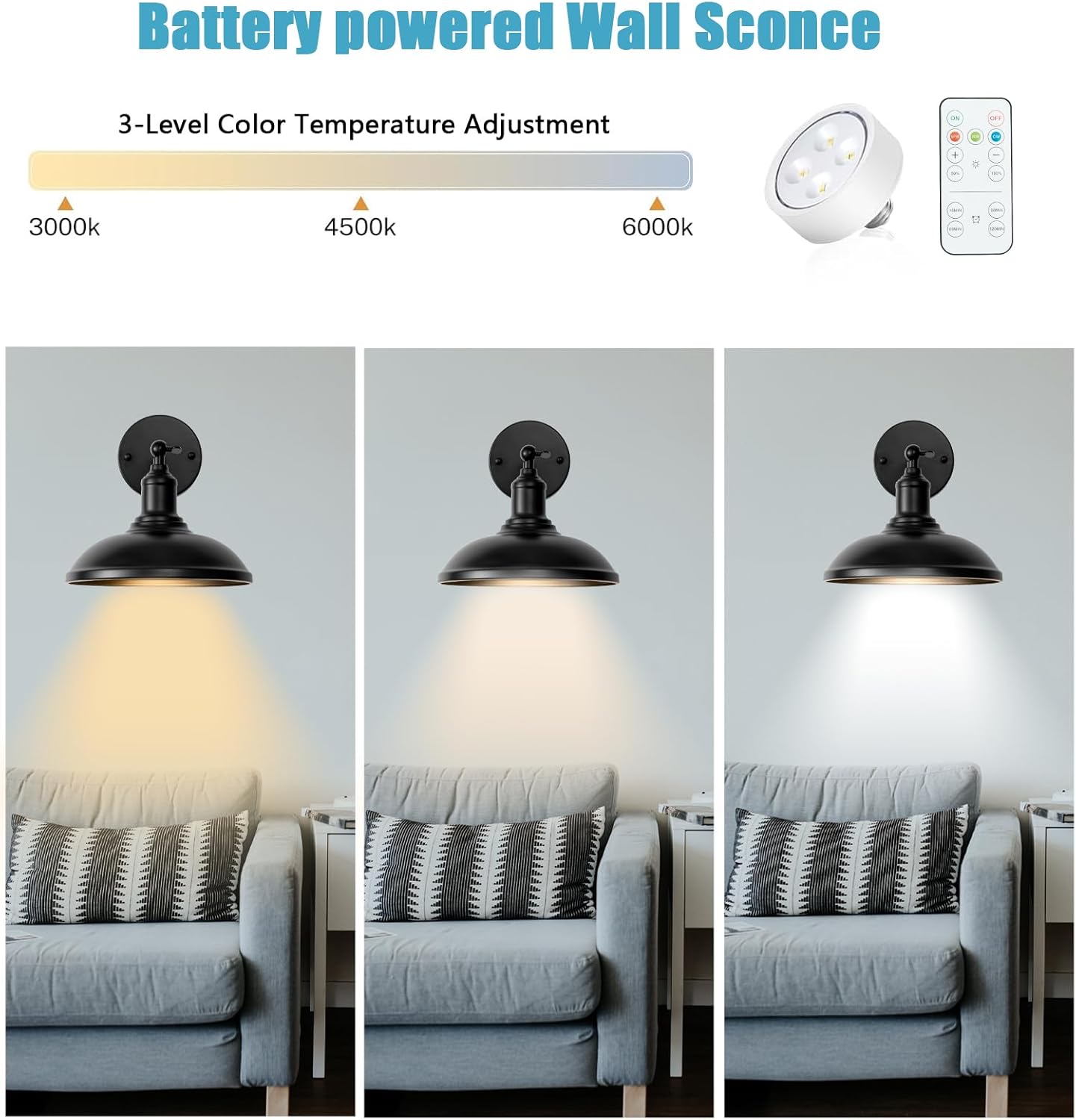 9.5" Black Battery Operated Wall Sconces with Remote, Wireless LED Adjustable Wall Lights, Set of 2 for Bedroom, by Franing - SHOP ALL,WALL，Metal wall light,Battery