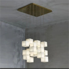 Alabaster Cubic Foyer Staircase Long Chandelier