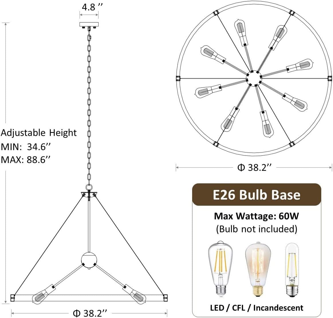 Farmhouse wheel chandelier 8 light metal sputnik pendant light fixture - Franing