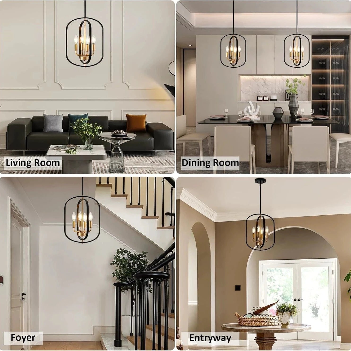 Modern 4-Light Black Gold Metal Chandelier Geometric Candle Pendant Light for pendant - Franing