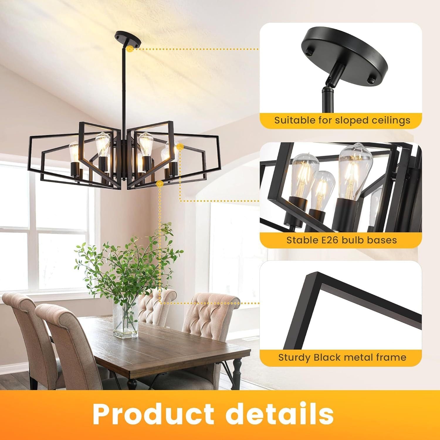 Modern Geometric Farmhouse Chandelier, Black 8-Light Industrial Pendant Light - Franing