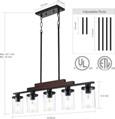 Farmhouse Industrial 5-Light Kitchen Island Pendant Light, Metal Wood Chandelier with Clear Glass Shades - Franing