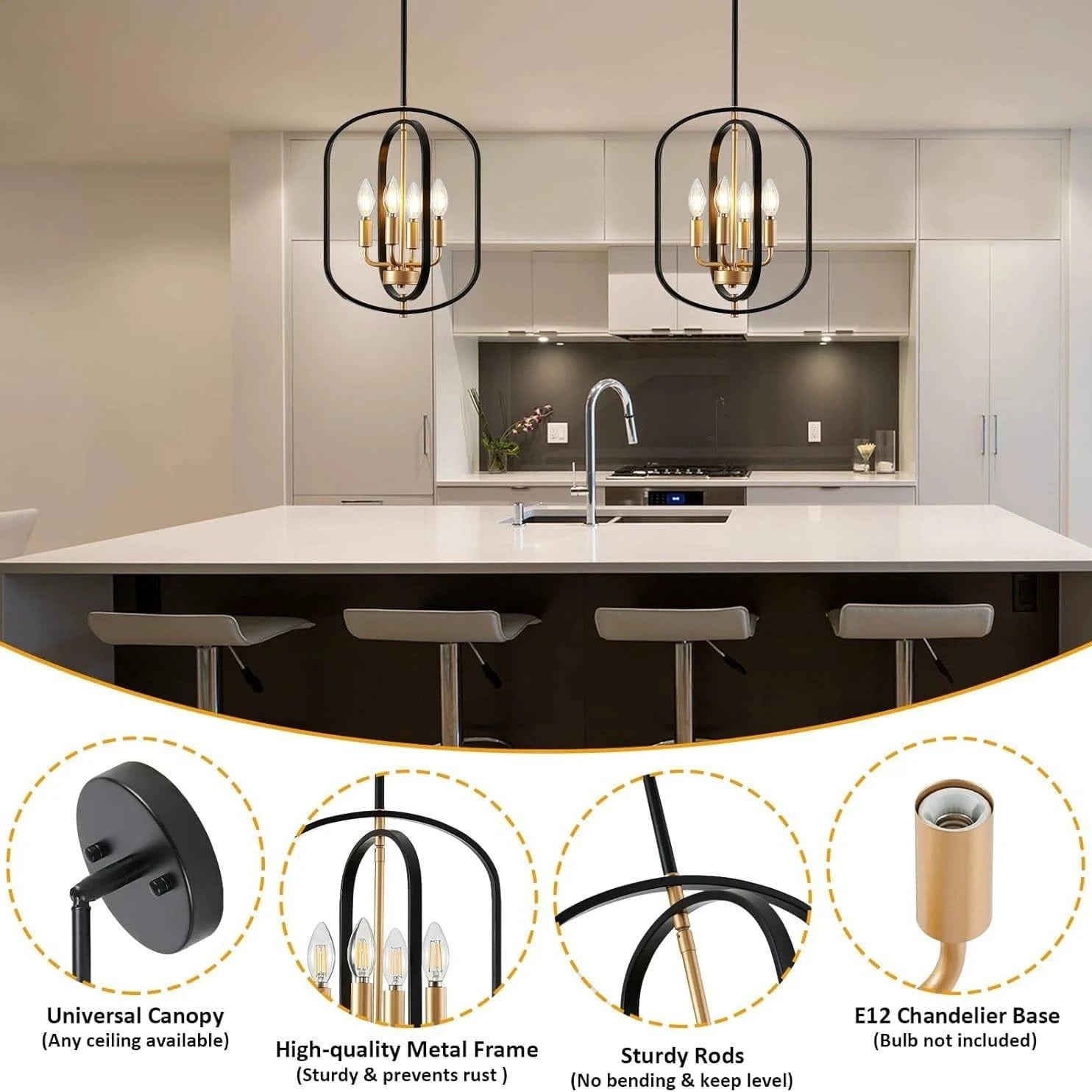 Modern 4-Light Black Gold Metal Chandelier Geometric Candle Pendant Light for pendant - Franing