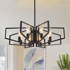 Modern Geometric Farmhouse Chandelier, Black 8-Light Industrial Pendant Light - Franing