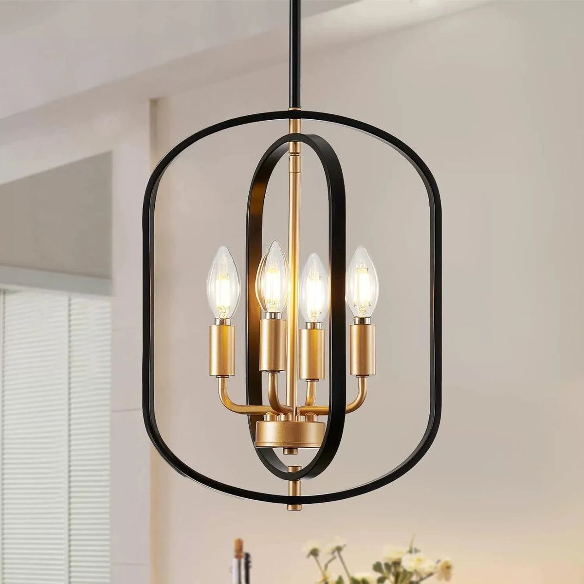 Modern 4-Light Black Gold Metal Chandelier Geometric Candle Pendant Light for pendant - Franing