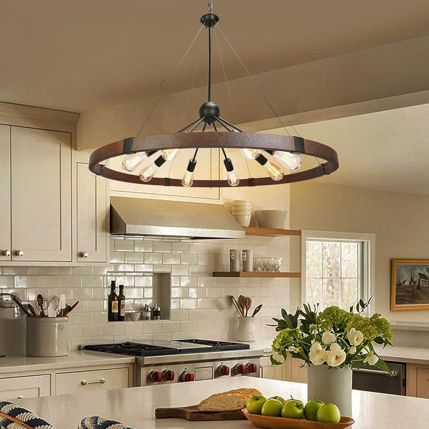 Farmhouse wheel chandelier 8 light metal sputnik pendant light fixture - Franing