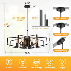 Modern Geometric Farmhouse Chandelier, Black 8-Light Industrial Pendant Light - Franing