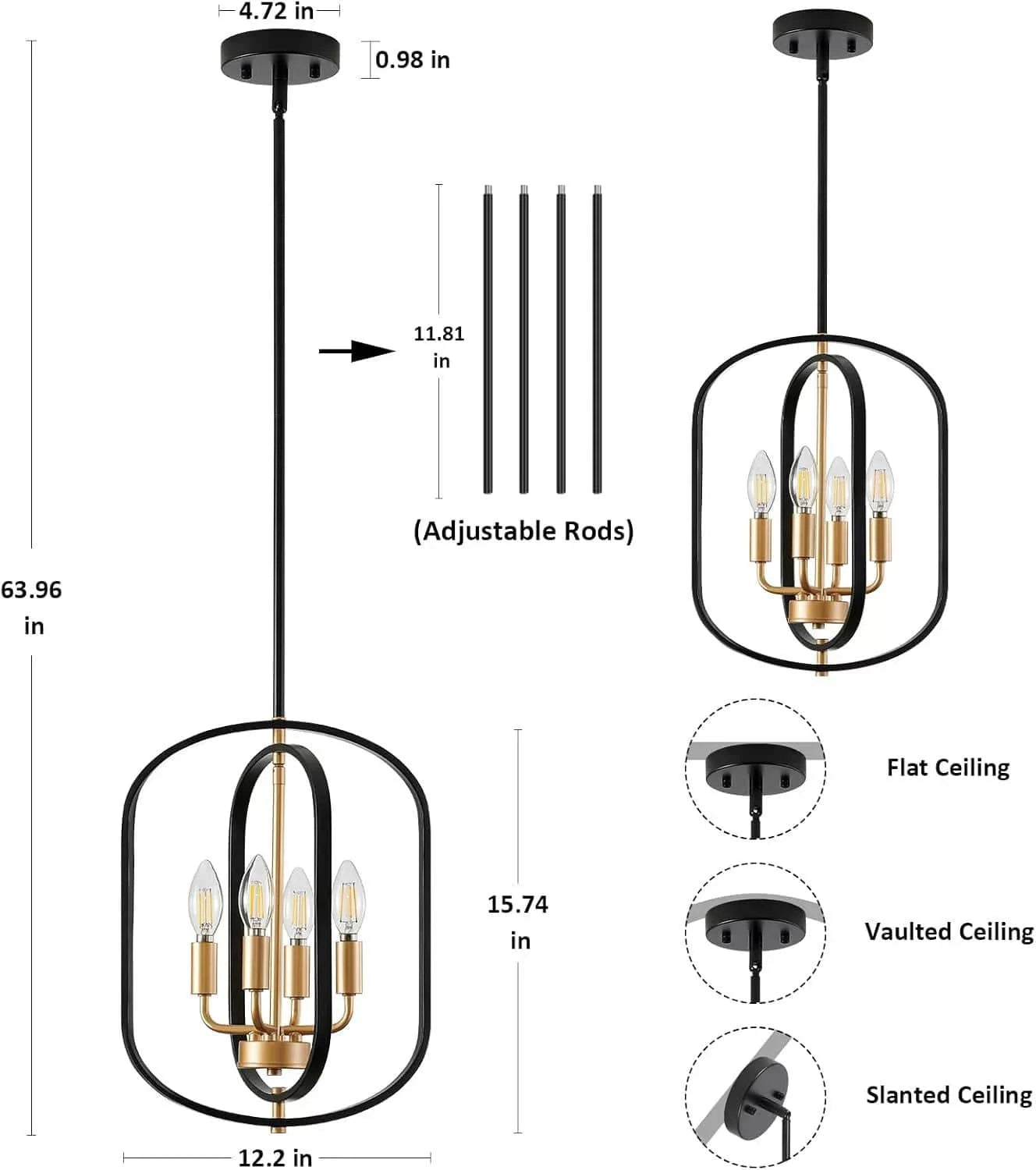 Modern 4-Light Black Gold Metal Chandelier Geometric Candle Pendant Light for pendant - Franing