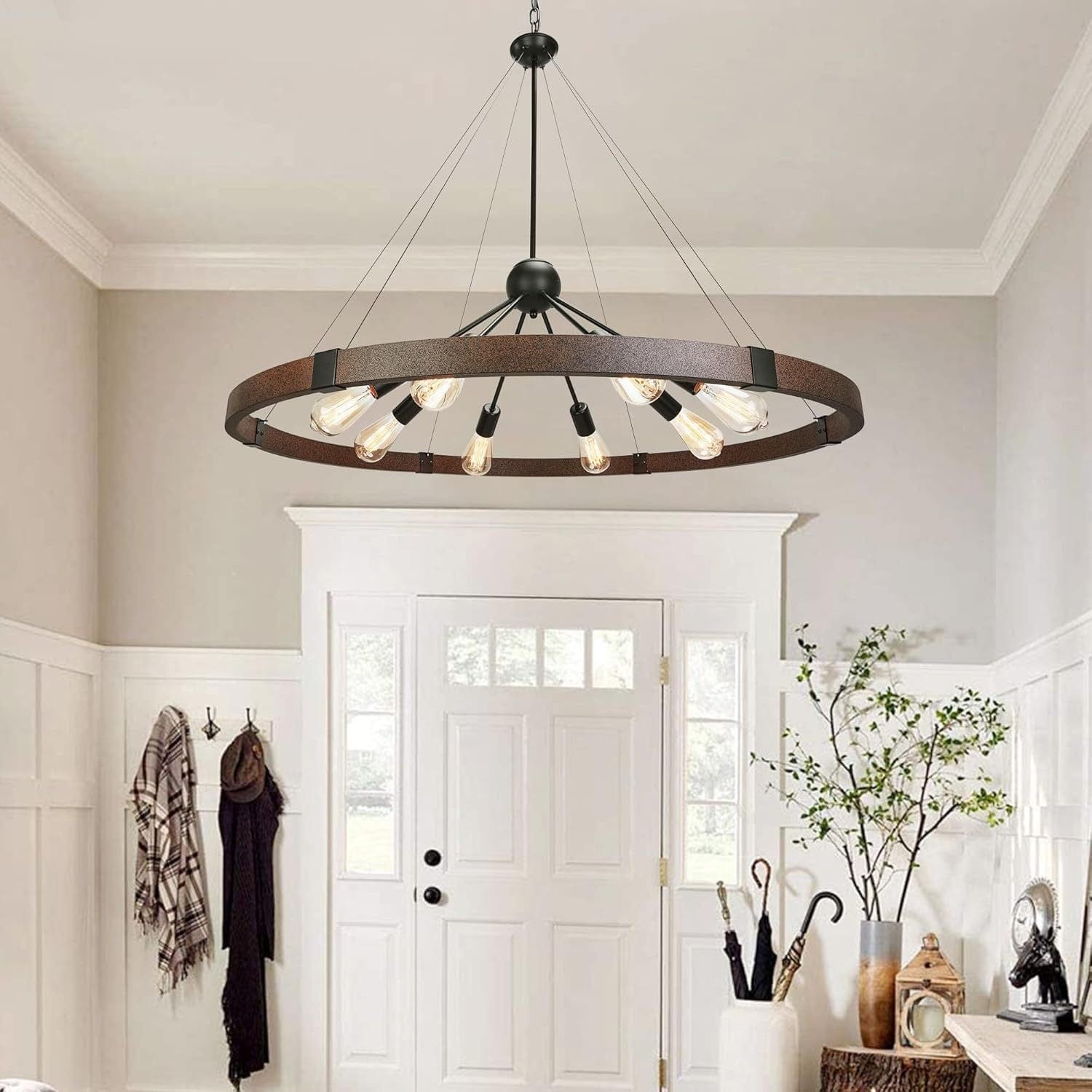 Farmhouse wheel chandelier 8 light metal sputnik pendant light fixture - Franing