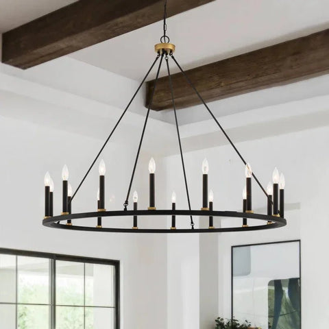 Adriana wagon wheel chandelier, 50-inch diameter, 16-light, brass aged zinc finish, inspired by 19th-century English design