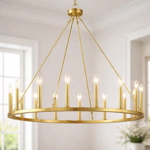 Adriana wagon wheel chandelier, 50-inch diameter, 16-light, gold finish, inspired by 19th-century English design