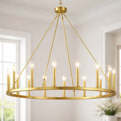 Adriana wagon wheel chandelier, 50-inch diameter, 16-light, gold finish, inspired by 19th-century English design