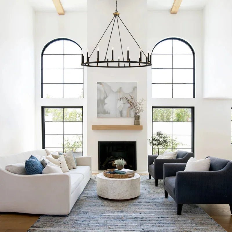 Adriana wagon wheel chandelier, 50-inch diameter, 16-light, brass aged zinc finish, inspired by 19th-century English design