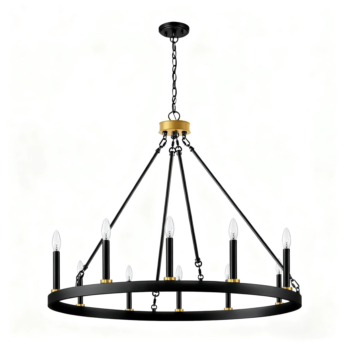 Adriana wagon wheel chandelier, 36-inch diameter, 10-light, brass aged zinc finish, inspired by 19th-century English design