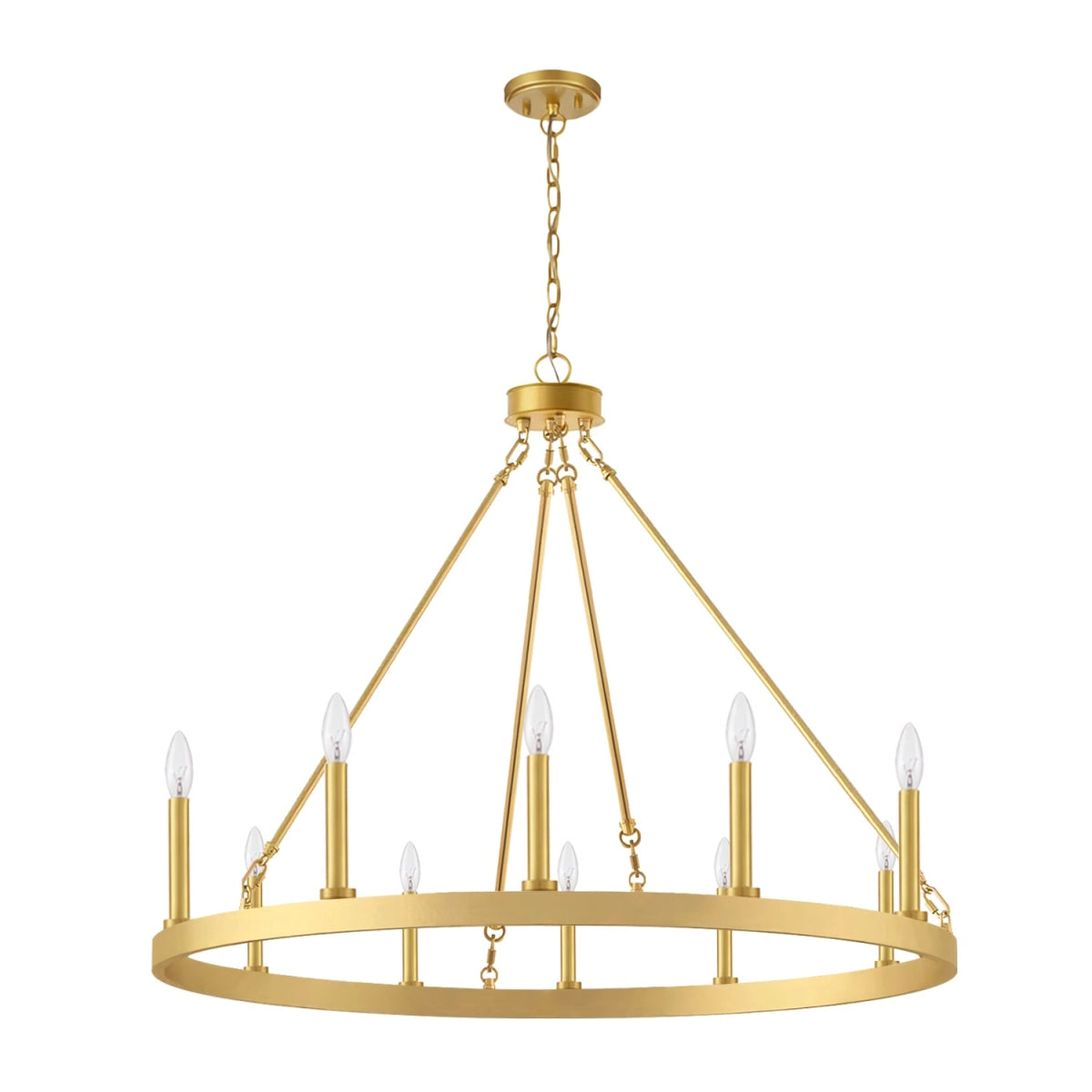 Adriana wagon wheel chandelier, 36-inch diameter, 10-light, gold finish, inspired by 19th-century English design
