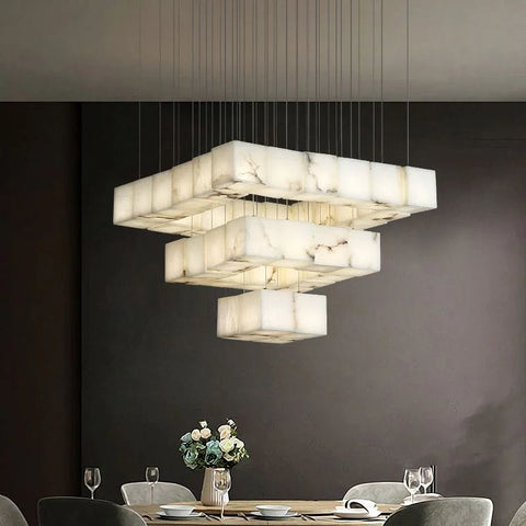 Alabaster Cubic Foyer Staircase Long Chandelier by Franing - SHOP ALL,Alabaster,CEILING