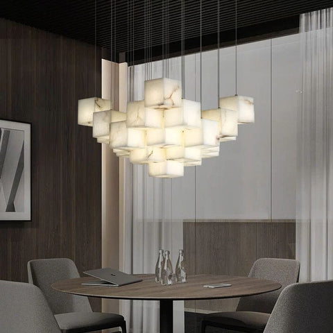 Alabaster Cubic Foyer Staircase Long Chandelier by Franing - SHOP ALL,Alabaster,CEILING