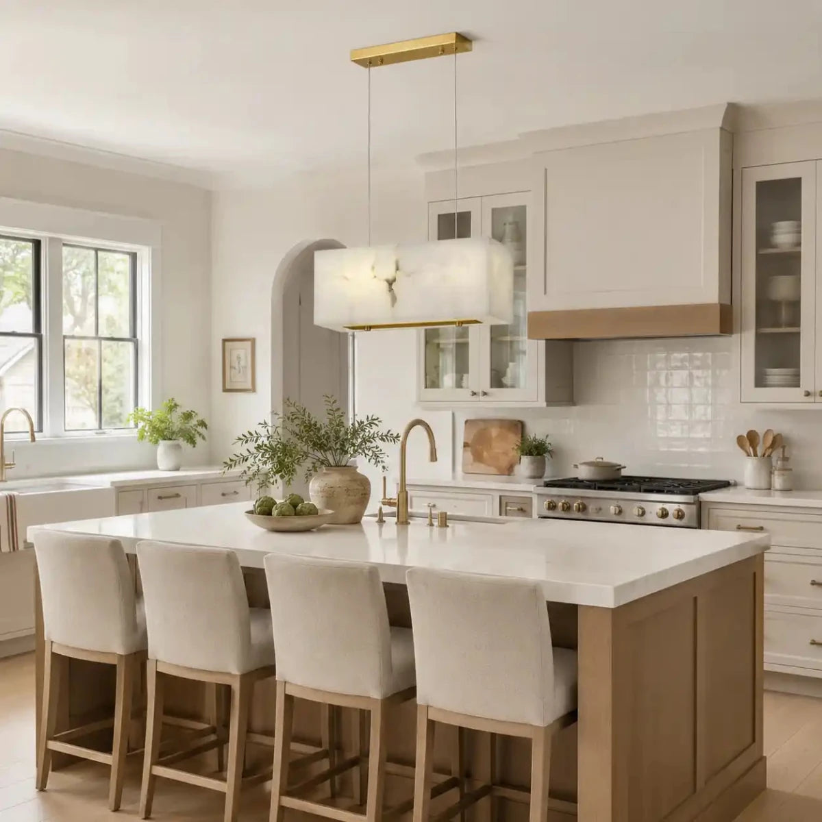 Alabaster Cubic Linear Chandelier for Dining Room – Modern Brass Stone Pendant Light by Franing - Chandelier .SHOP ALL .Alabaster，Island counter/dining room