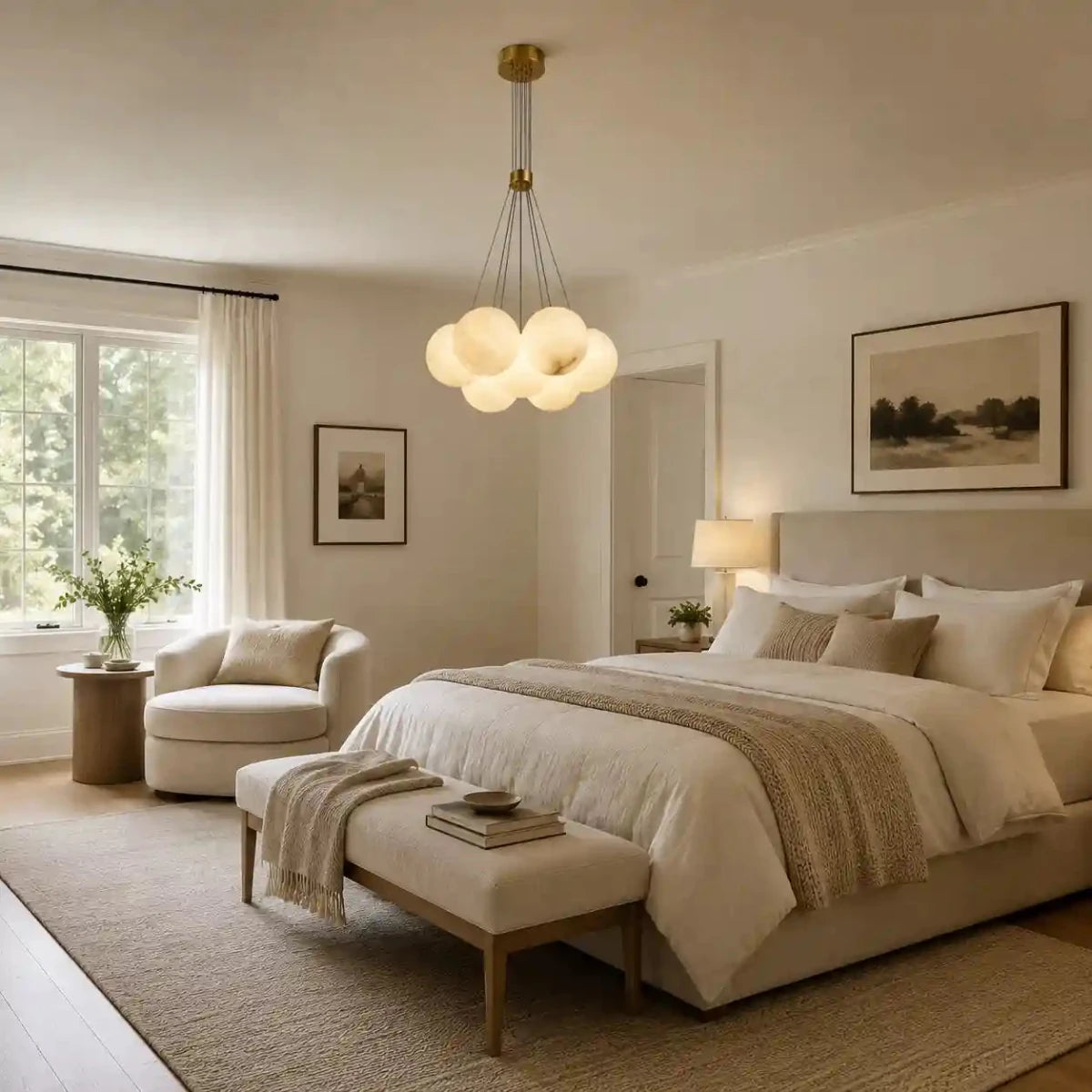 Alabaster Globe Chandelier – Brass Multi-Light Pendant for Dining Room, Bedroom & Foyer by Franing - Chandelier .SHOP ALL .Alabaster