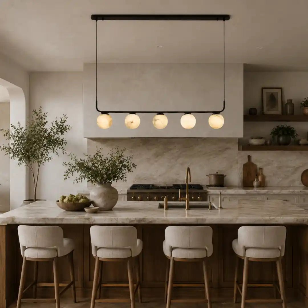 Alabaster Globe Linear Pendant Light – 5-Light Kitchen Island Chandelier with Black Metal Frame by Franing - Chandelier .SHOP ALL .Alabaster，Island counter/dining room